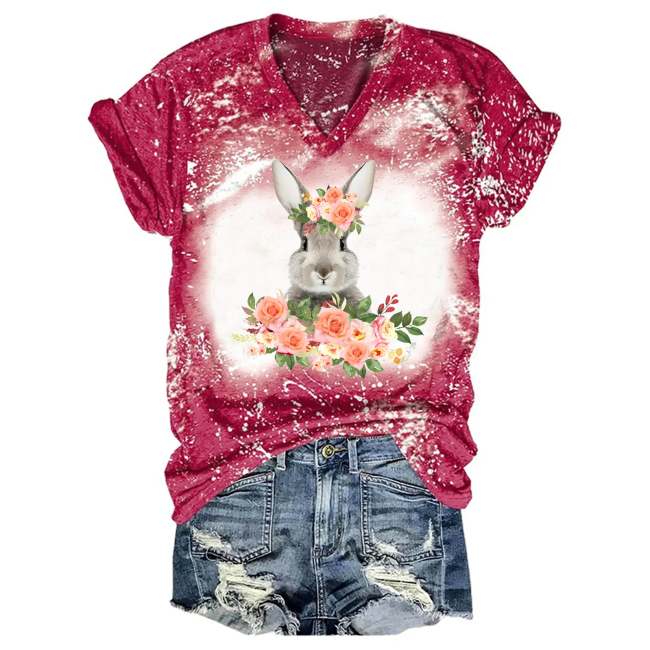 Blooming Bunny: Easter Flower Bleached V-Neck Tee